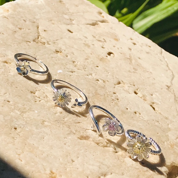 Cute Ring Set Silver Boho Midi Flower Stack Rings - Picture 4 of 8